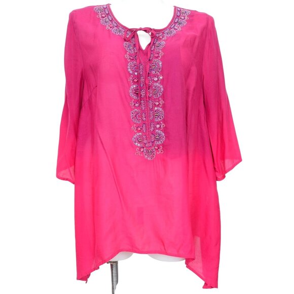 Catherine's PLUS 1X Ombré Pink Purple Beaded Flowy Tunic Top 3/4 Sleeve Blouse - Picture 1 of 12